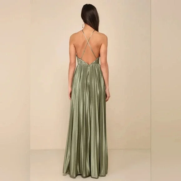 Lulus Elaborate Charm Olive Green Satin Pleated Backless Maxi Dress XL Wedding Lulus Elaborate Charm Olive Green Satin Pleated Backless Maxi Dress XL Wedding